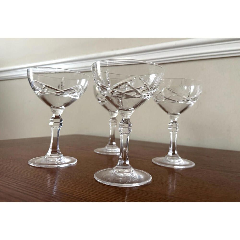 4 Vintage Tiffin-Franciscan Keats Pattern Coupe Champagne Glasses Crystal